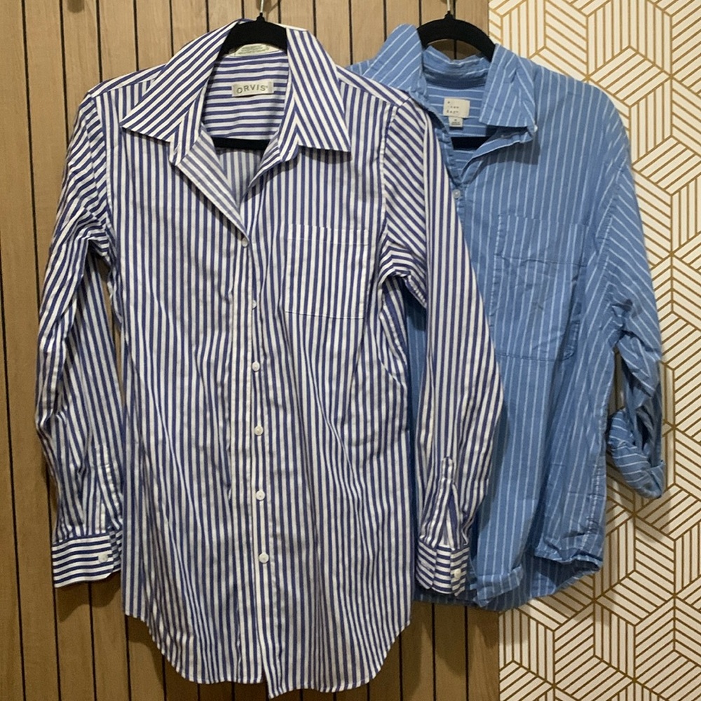 Set of 2 blue and white striped button down shirts